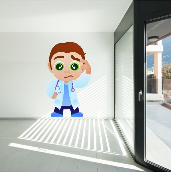 Cartoon doctor sticker with green eyes, red hair, and light-blue scrubs