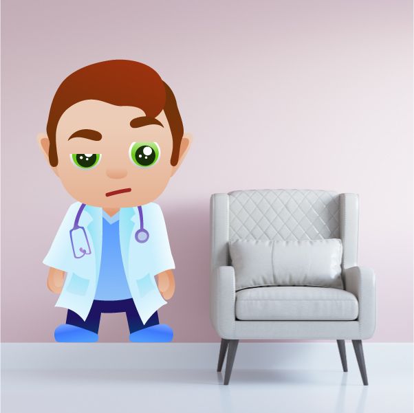 Confused doctor sticker: cartoon doctor in white coat with stethoscope, worried face.