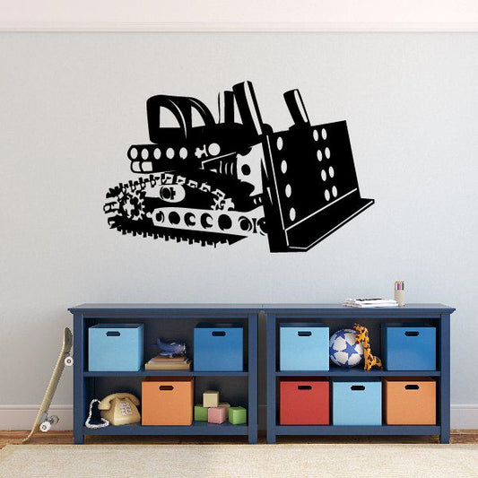 Bulldozer construction decal, black vehicle and detailed track graphic