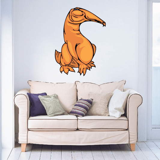 Orange cartoon dinosaur wall decal with open beak and clawed feet, curled pose