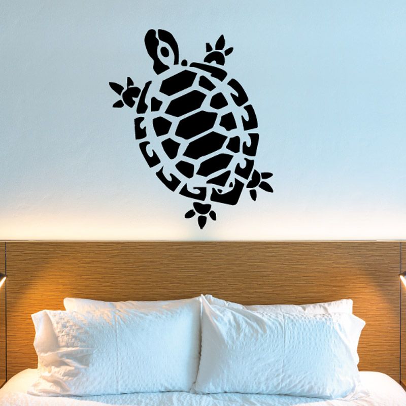 Turtle decal wall sticker with hexagon shell and flower accents