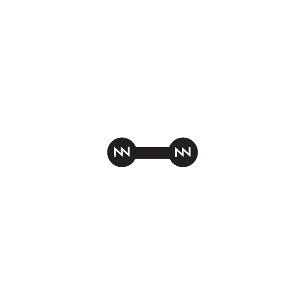 Black graphic label with barbell icon and white zigzag arrows in circle ends