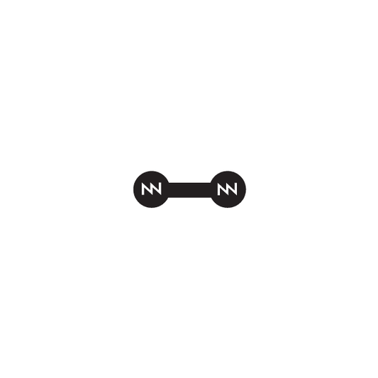 Black graphic label with barbell icon and white zigzag arrows in circle ends