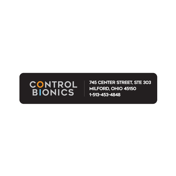 Control Bionics label with logo and address text