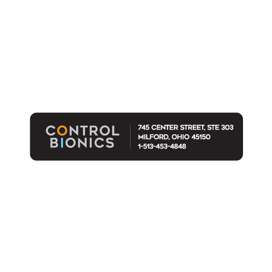 Control Bionics label with logo and address text