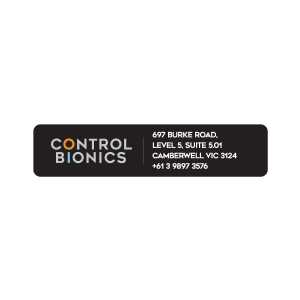 Control Bionics label with address text in white on dark rounded rectangle