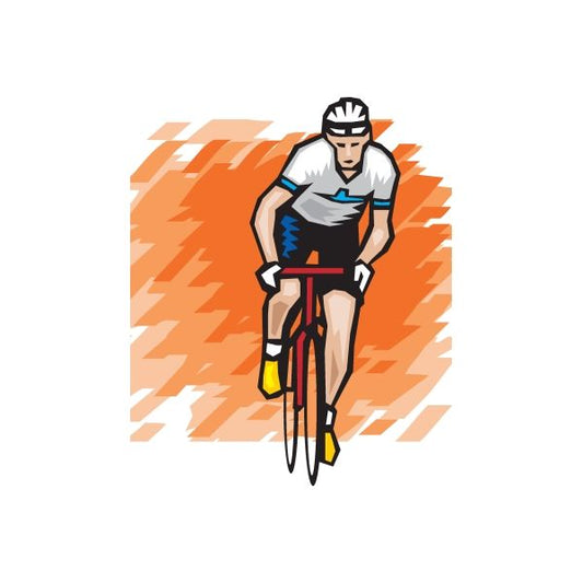 Cyclist sticker: helmeted rider in white and blue jersey on black bike