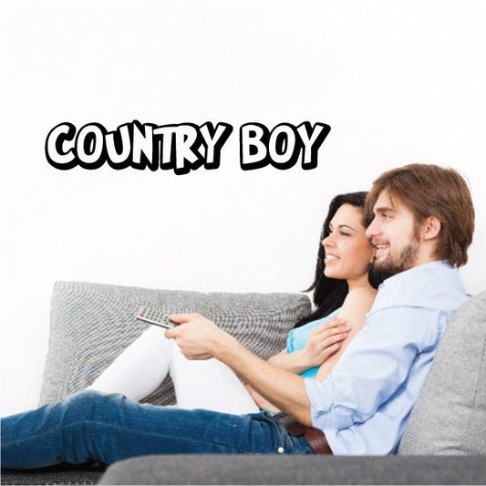Country Boy decal with bold black outlined lettering on a light background