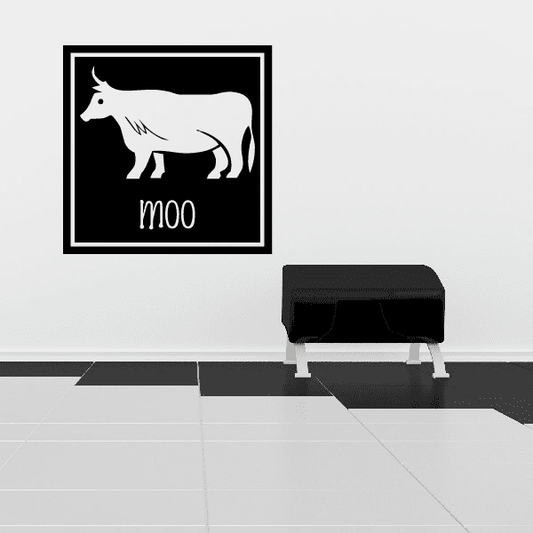 Square cow and moo decal with black border and white cow silhouette inside