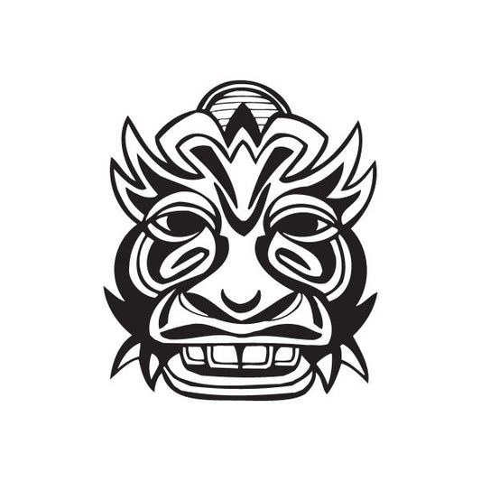 Black and white tiki-style cow face decal with open mouth and horns