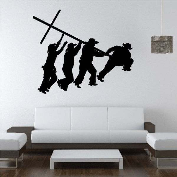 Adhesive decal depicting four cowboys carrying a cross for memorial purposes
