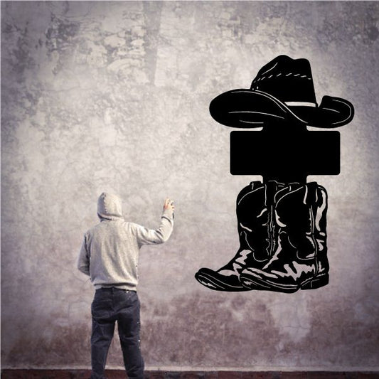 Cowboy memorial vinyl wall decal with cowboy hat and boots silhouette