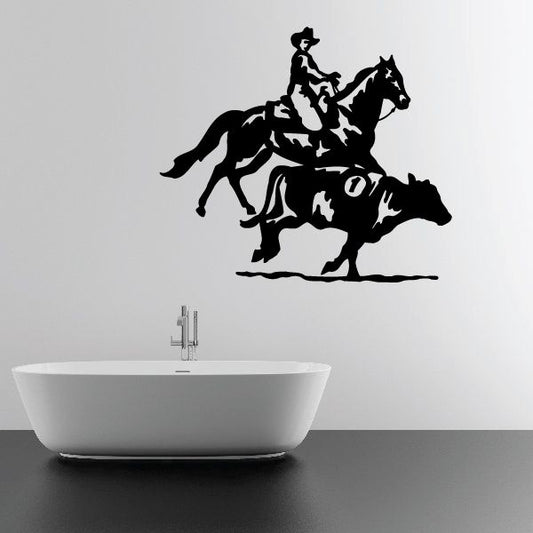Black cowboy on horseback calf wrangling wall decal, silhouette
