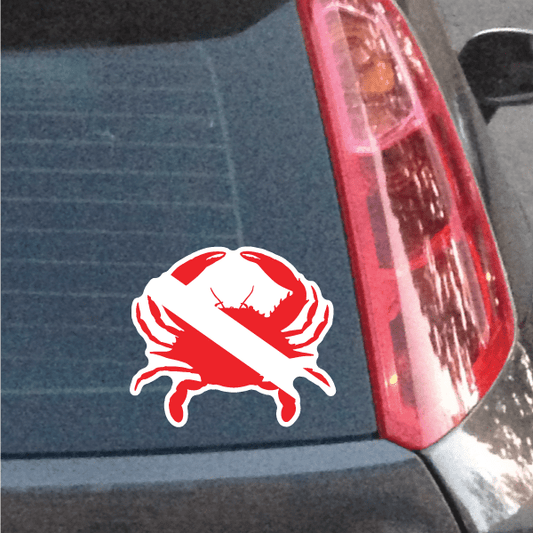 Crab diver sticker with red and white crab design on car window