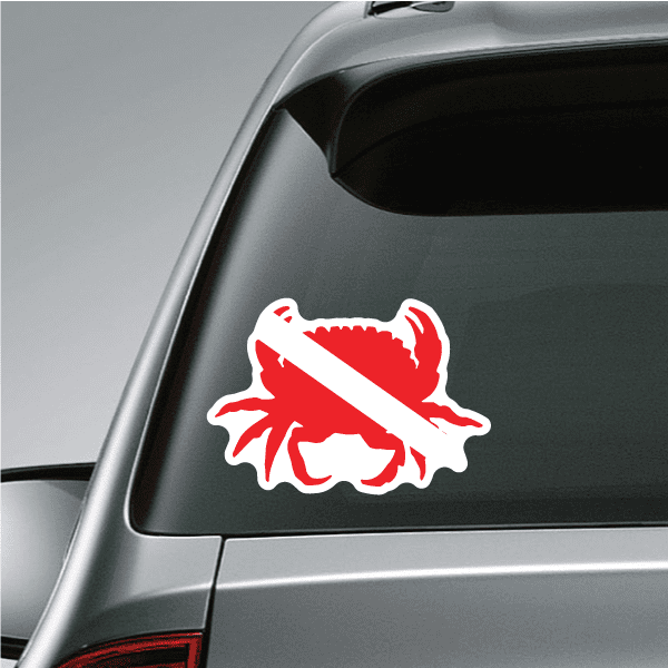 Crab diver sticker with red and white crab design on car hood