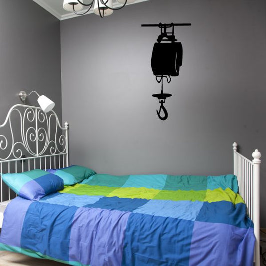 Crane pulley hoist decal: black hook and pulley crane on wall
