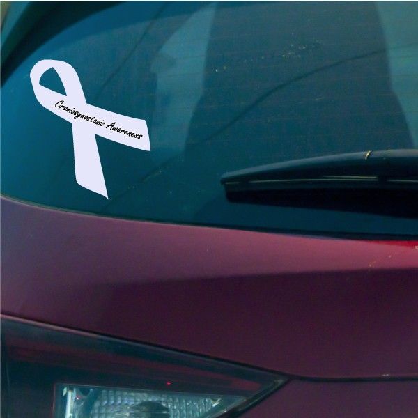 White awareness ribbon vinyl sticker with black text banner