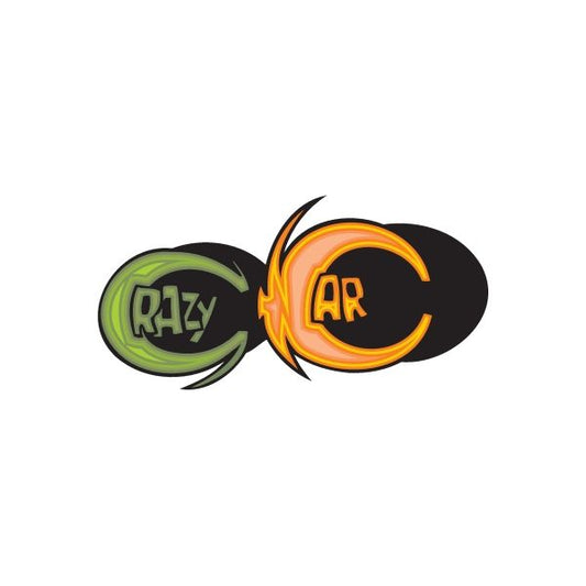 Crazy Car graffiti sticker with green and orange bubble letters on black ovals