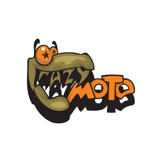 Graffiti-style motorcycle sticker with orange helmet, star, and black word art