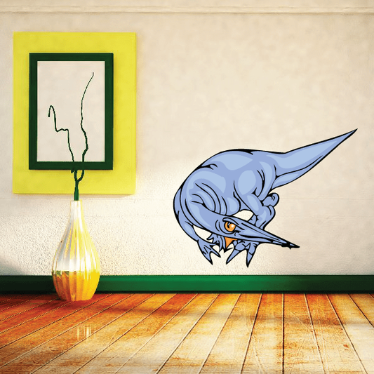 Creeping dinosaur sticker: blue head with open mouth and orange eye
