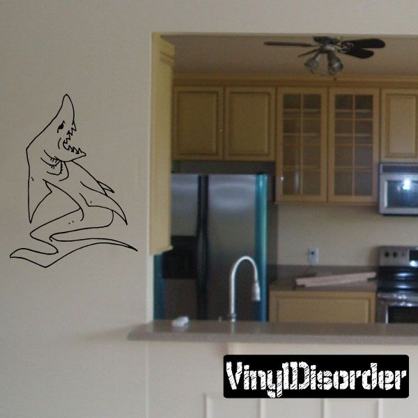 Creepy shark vinyl wall decal, black outline with menacing teeth