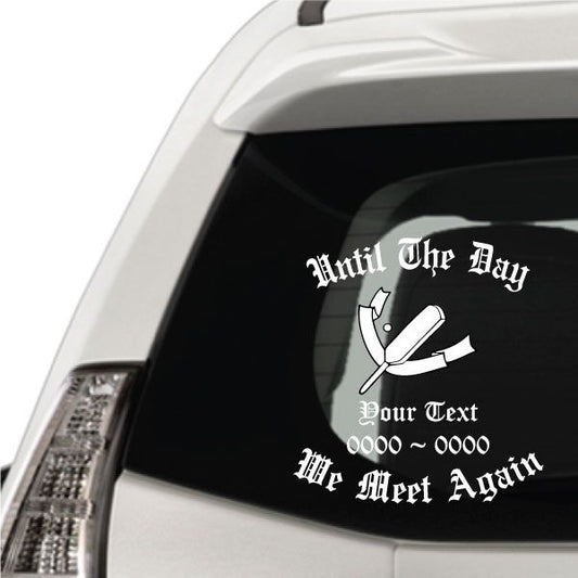 Car window mourning decal, dark round with white gothic lettering and ribbon graphic