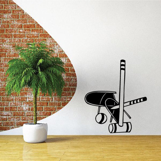 Croquet bat and ball wall decal with black bat, ball, and mallet icons