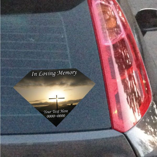 Memorial diamond sticker with cross and sunset; 'In Loving Memory' and 'Your Text Here'.