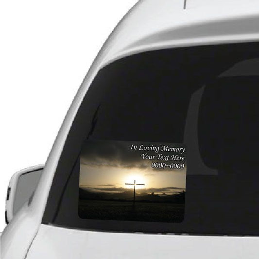 Rounded rectangle memorial sticker with sunrise cross and 'In Loving Memory' text