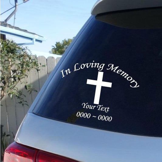 In Loving Memory cross car window decal with customizable text