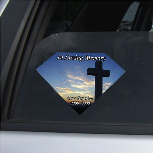 Diamond memorial sticker with black cross and 'In Loving Memory' text
