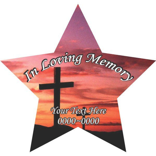 Memorial star sticker with sunset sky, black cross, and In Loving Memory text