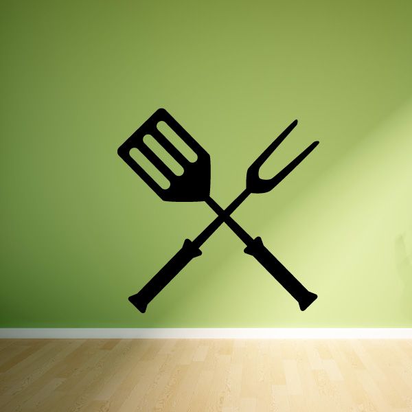 Crossed spatula and fork wall decal, black kitchen utensils icon
