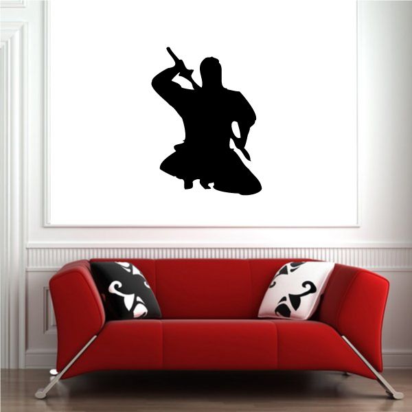 Crouching ninja decal, black silhouette figure posing with sword