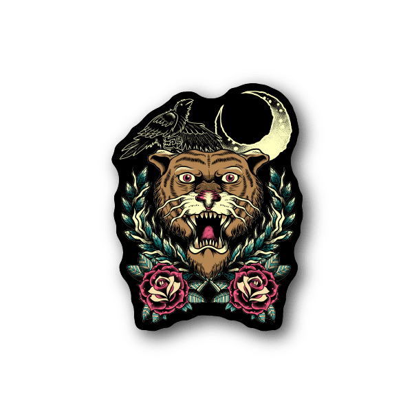 Vinyl tattoo sticker: tiger face with crow, crescent moon, roses