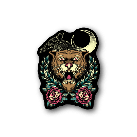 Vinyl tattoo sticker: tiger face with crow, crescent moon, roses