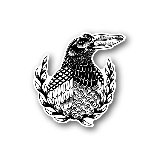 Vinyl sticker of a white crow crest with wings, on a dark backing