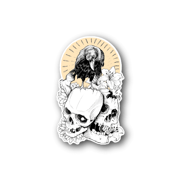 Vinyl sticker of a crow resting on skulls, black and white illustration