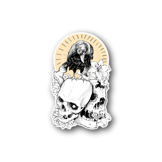 Crow on Skulls Vinyl Sticker weather-resistant vinyl sticker by VinylDisorder