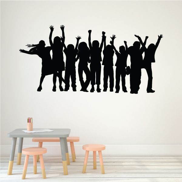 Crowd wave wall decal with black fan silhouettes cheering and waving