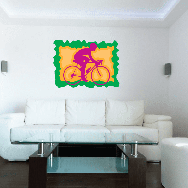Cyclist sticker with yellow background and magenta bike illustration
