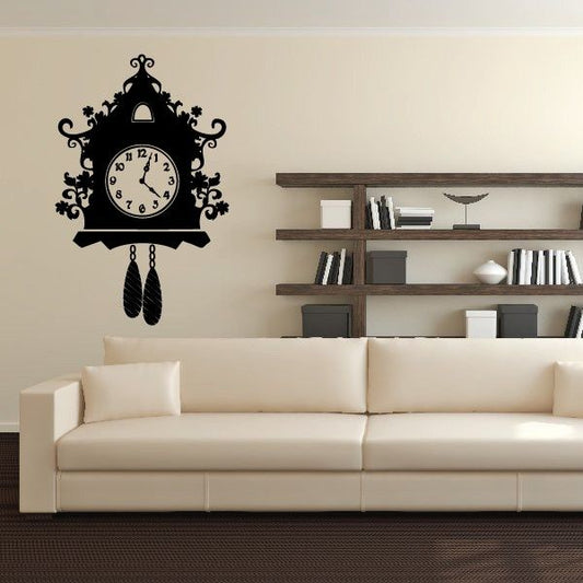 Cuckoo clock vinyl wall decal, black ornate design with round face and hanging weights