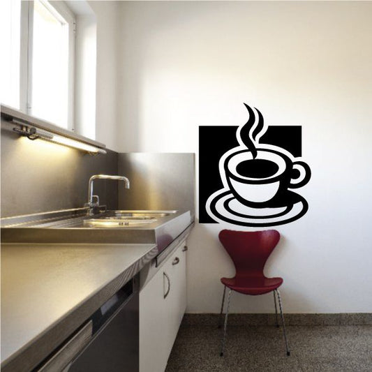 Coffee cup decal with steam, black outline on a light background