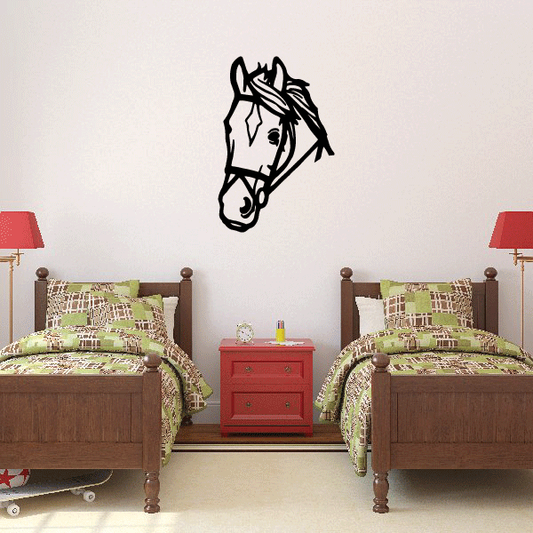 Curious horse head decal with bridle, black outline