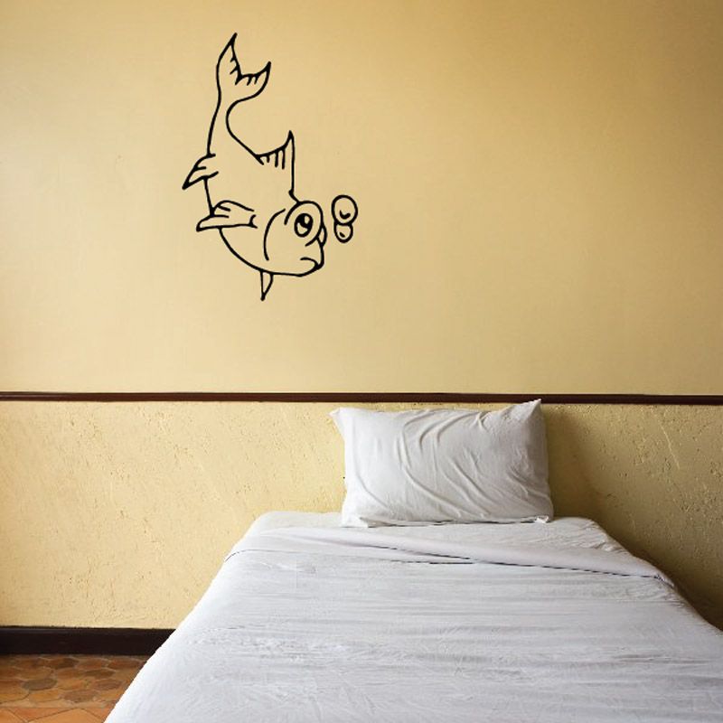 Curious goldfish wall decal, black line art fish with bubbles and tail
