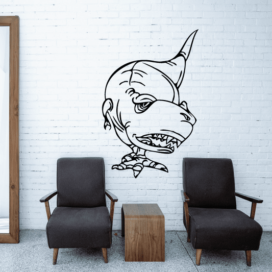 Curious T Rex dinosaur wall decal with roaring face in black outline