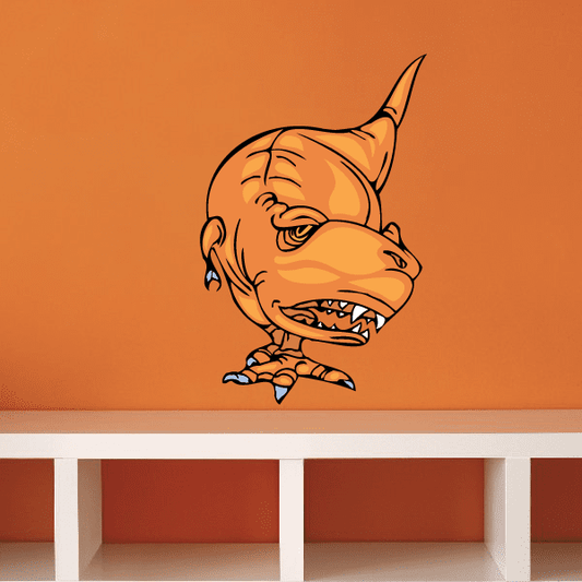 Cartoon T-Rex dinosaur sticker, orange head with open mouth and teeth