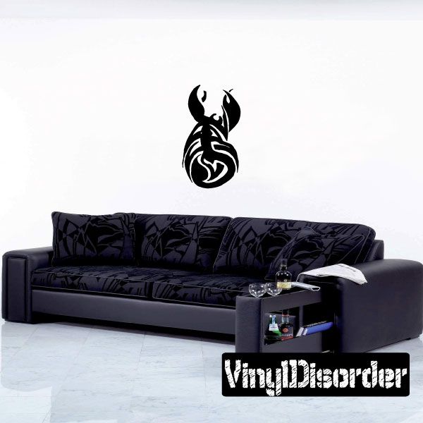 Black curled scorpion wall decal with flame-like tail design