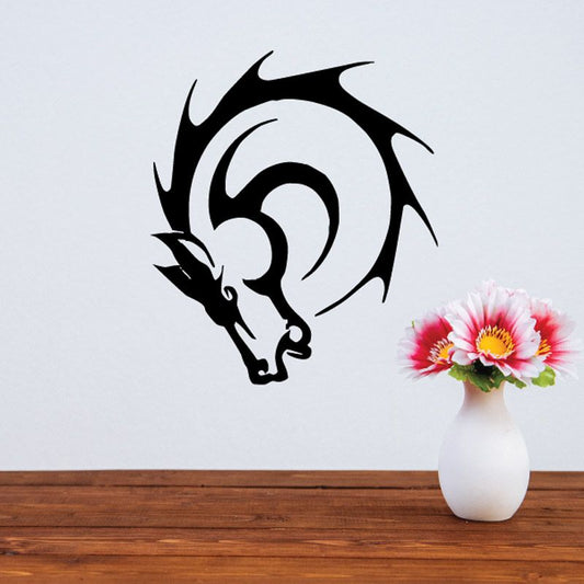 Black horse head curling spike decal with stylized mane and eye detail