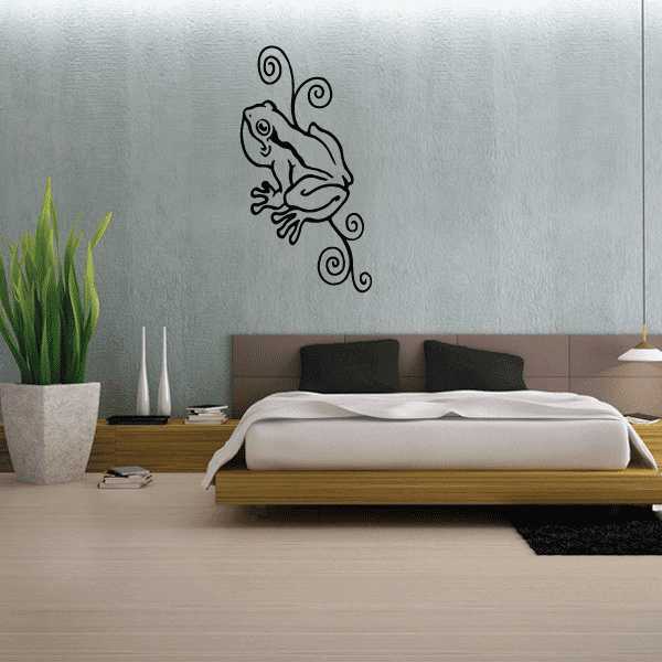 Curly vine frog wall decal with black line art
